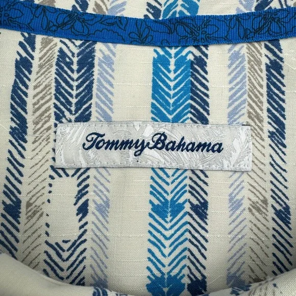 Tommy Bahama Camp Shirt Mens XL Beige Blue Silk Striped Short Sleeve Button Down - Picture 3 of 6